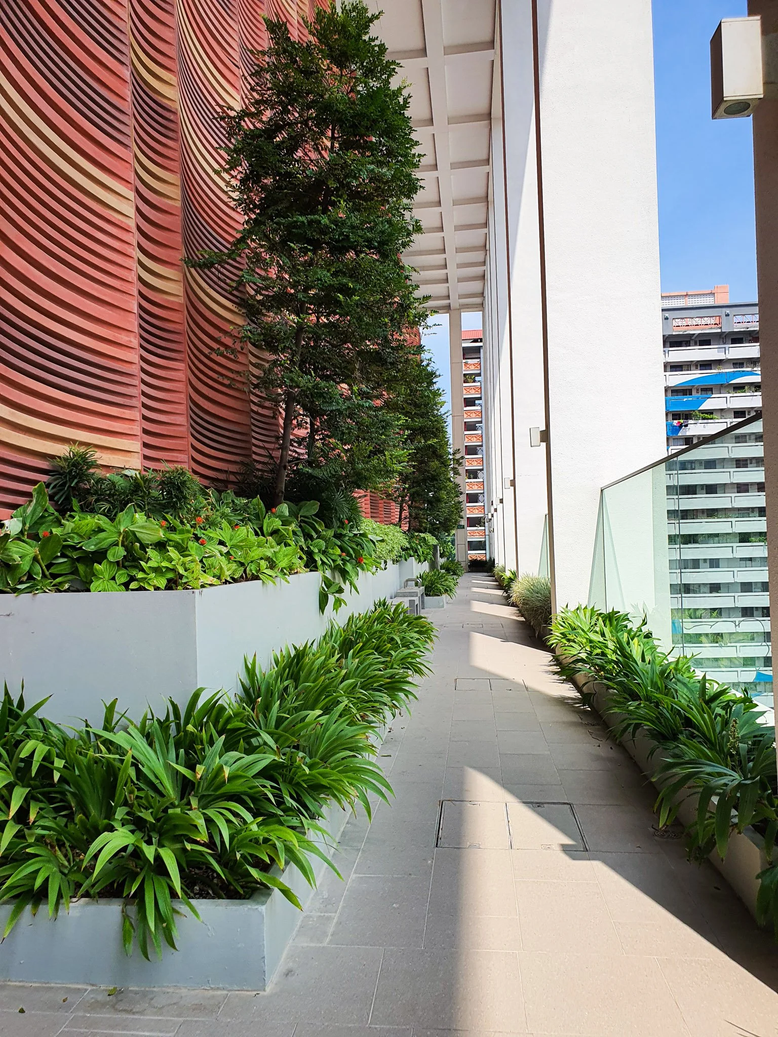 A modern outdoor balcony with decorative red walls, lush green plants in planters, and a view of neighboring high-rise buildings under a blue sky.