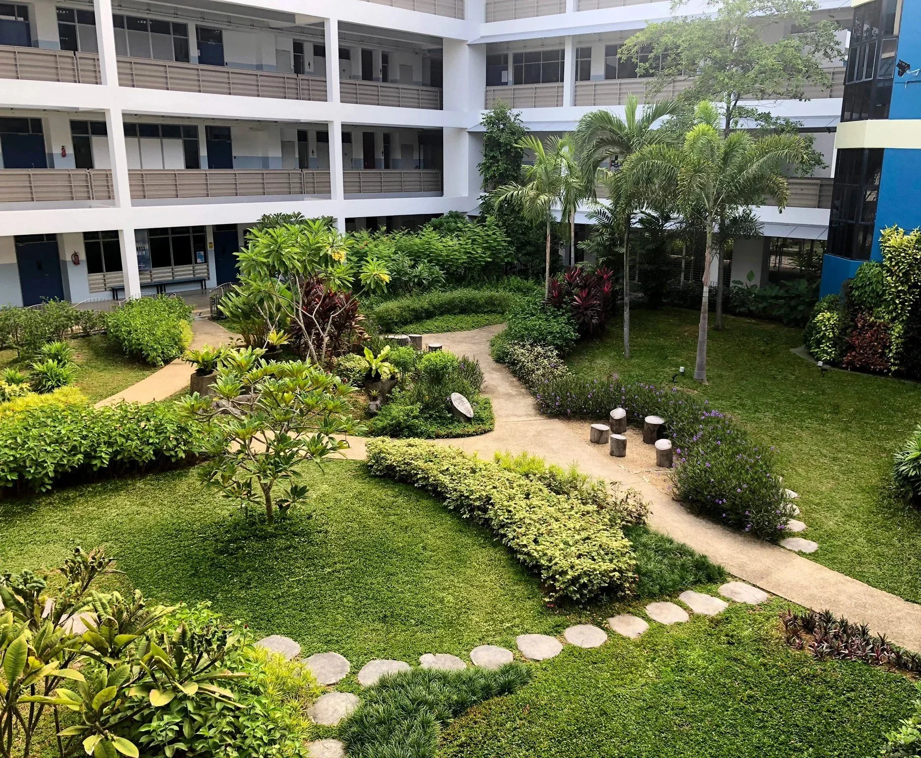 View of a courtyard garden in a modern apartment complex with pathways, lush green plants, palm trees, and seating areas.