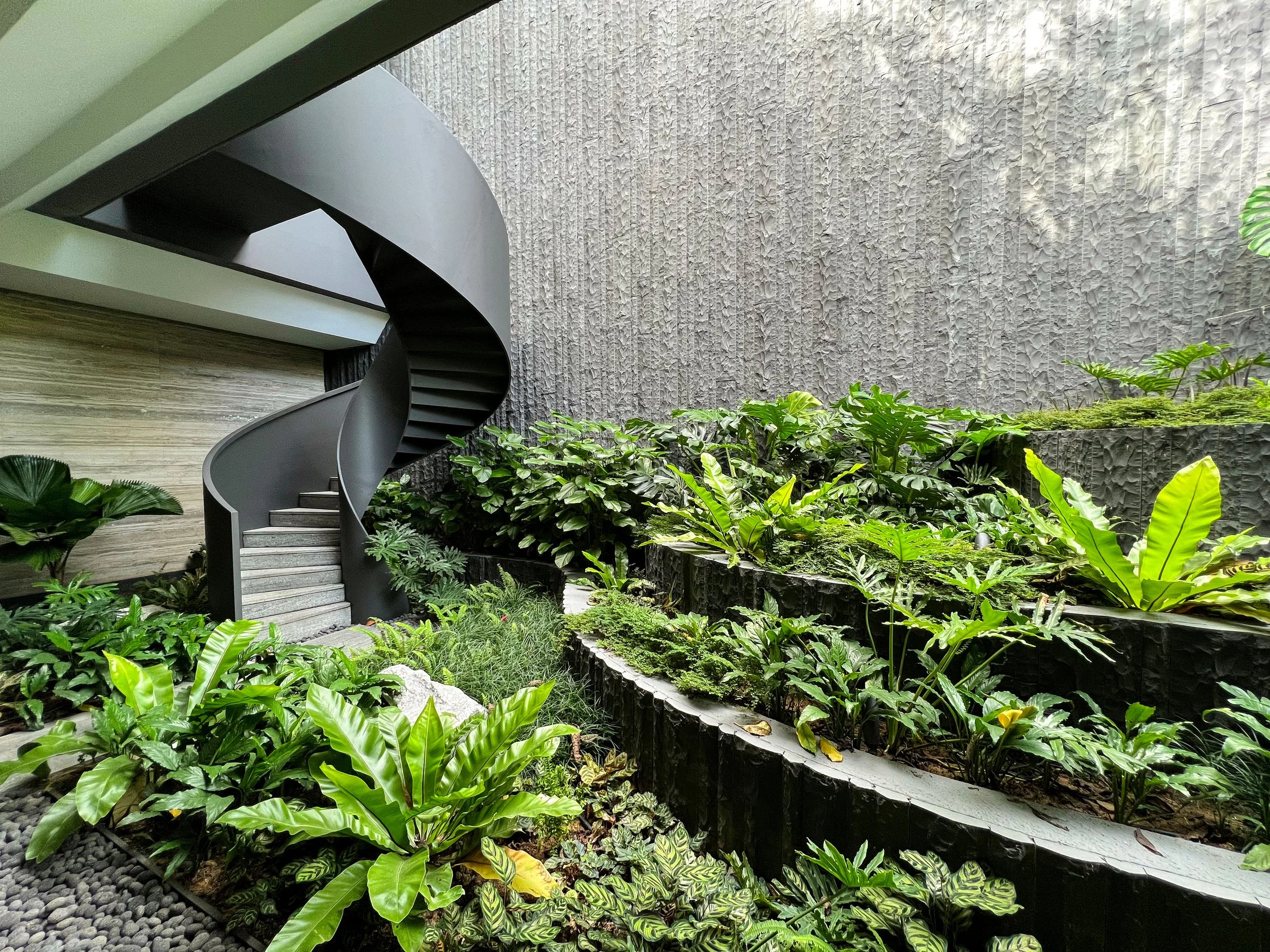 Indoor garden with lush green plants and a black spiral staircase in the background.
