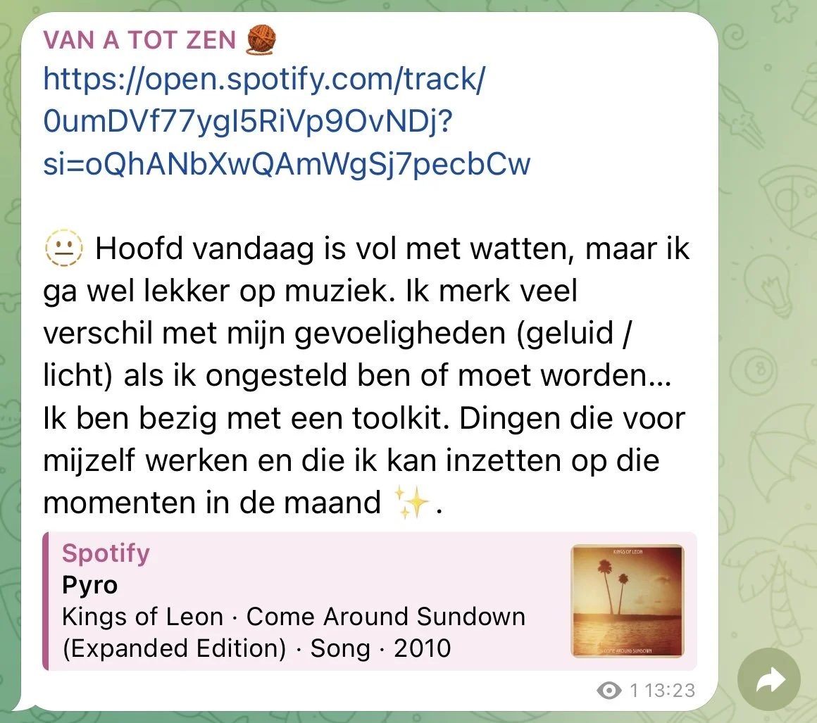 A WhatsApp message containing a Spotify link and a description in Dutch about enjoying music and the differences in sound sensitivities. The message includes a small album cover image of the song "Come Around Sundown" by Kings of Leon, featuring a sunset with two palm trees.