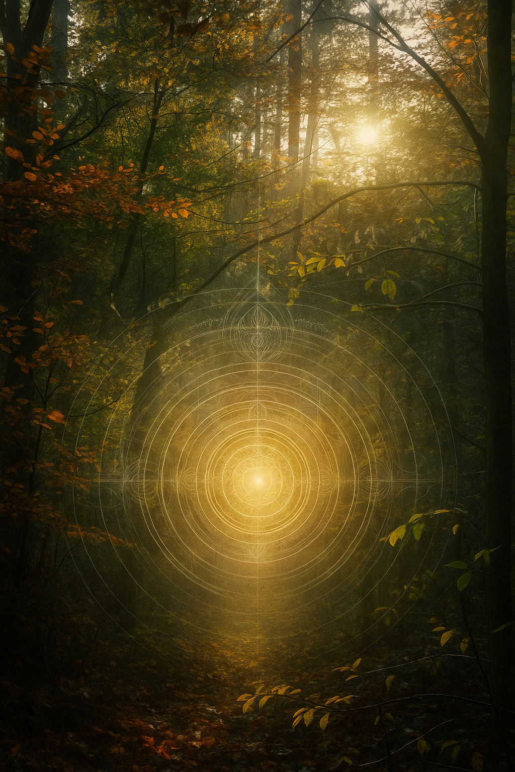 A dense forest with sunlight filtering through the trees. Overlaid on the image is a glowing, circular geometric design with concentric circles and intricate lines, creating a mystical or spiritual atmosphere.