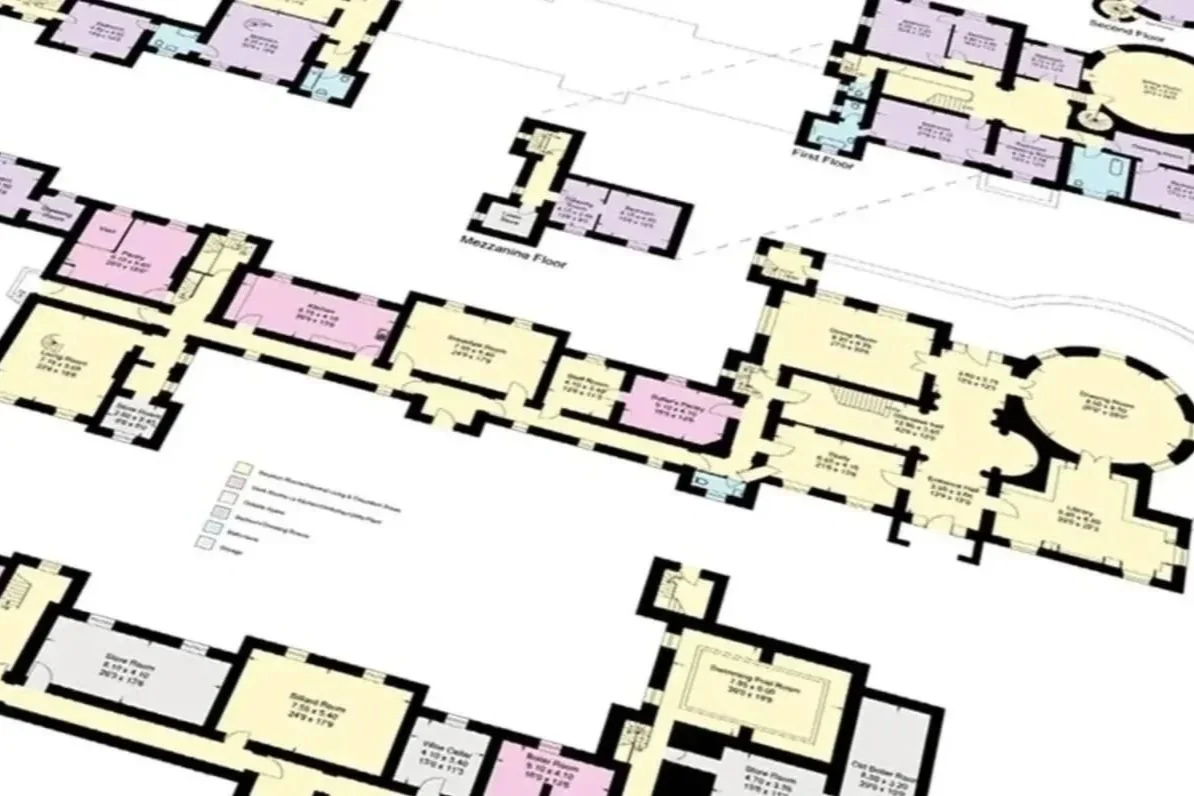 Color-coded architectural floor plan showing various rooms and corridors of a building, with labels indicating different areas and floors. Floor plan sample from RAB immersive.