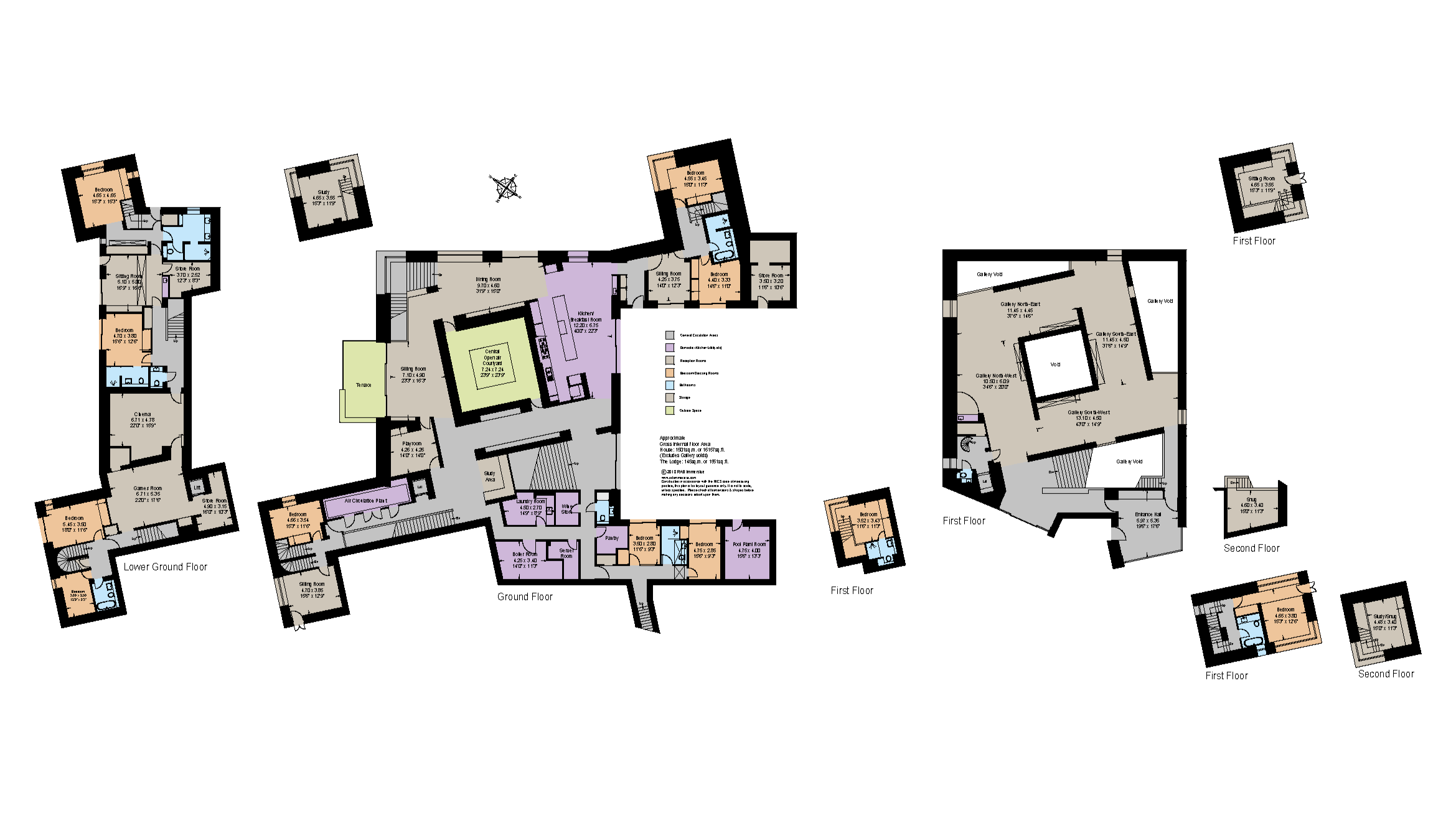 A detailed architectural floor plan of Caring Wood House. A 17,000sq.ft. new build property set in the heart of the Kent countryside inspired by traditional Kentish Oast houses. The project won RIBA House of the Year 2017 