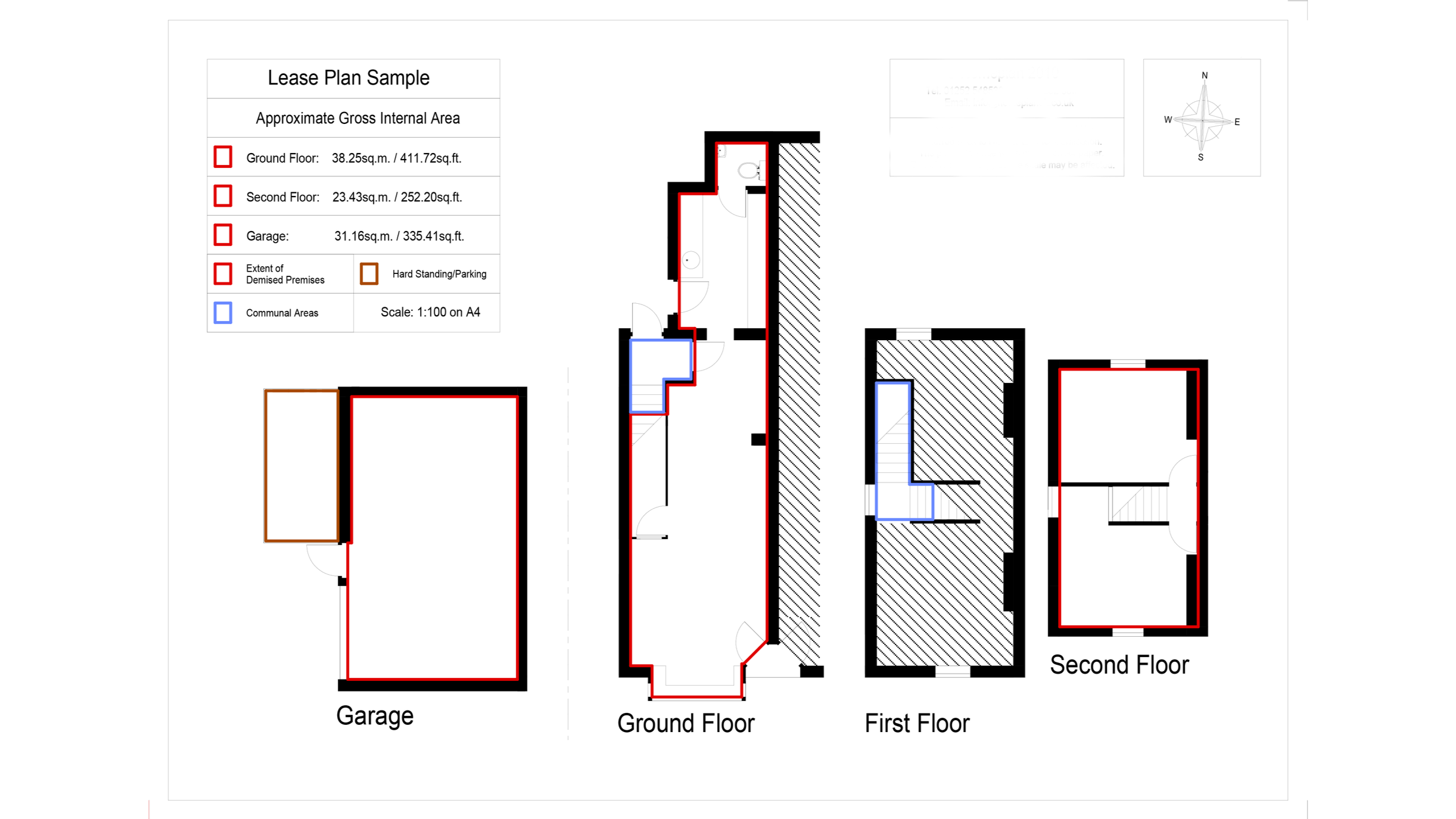 Lease Plan showing garage, ground floor, first floor, and second floor layouts, with labels and color-coded areas for different zones and amenities.