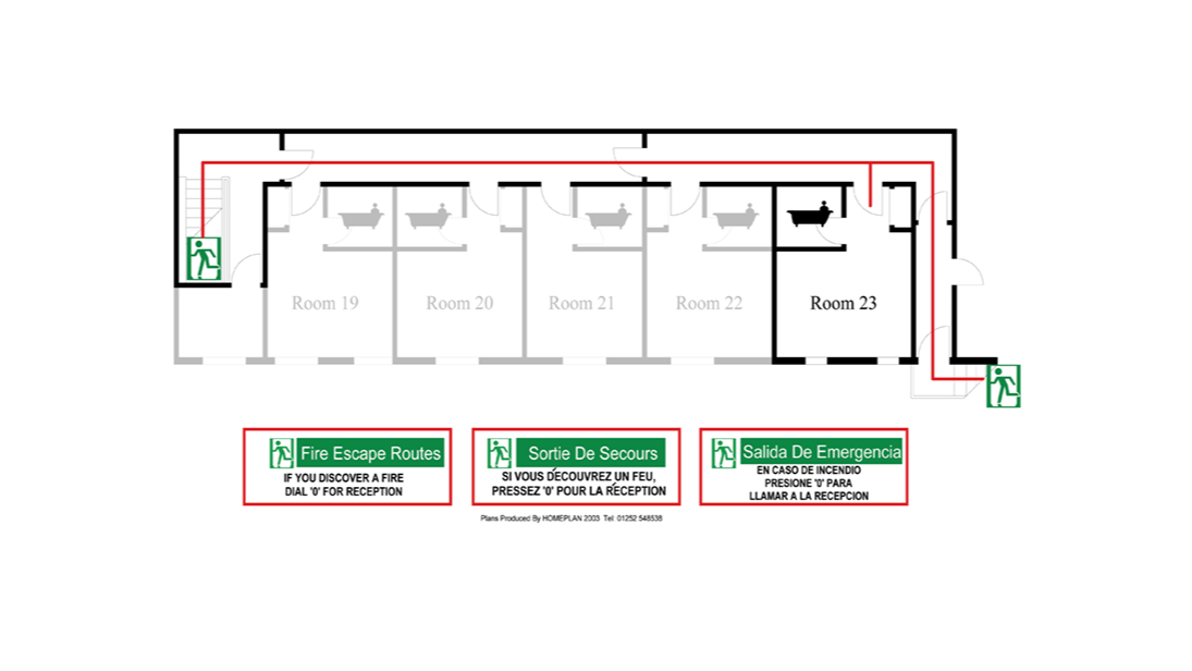 Fire Evacuation Routes. Simplified floor plan section of a hotel with rooms, showing emergency exit signs and fire escape route instructions.