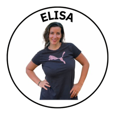 A woman named Elisa standing with her hands on her hips, smiling, wearing a navy blue Puma t-shirt with a pink puma logo, in a circular frame.