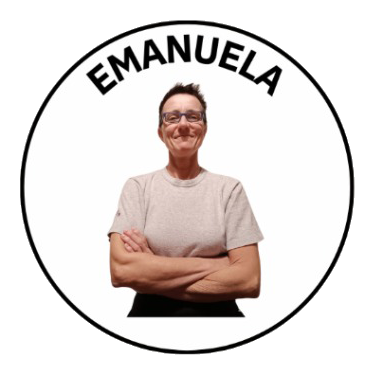 A person with short dark hair, glasses, and a beige T-shirt standing with arms crossed, inside a white circular frame with the name 'EMANUELA' at the top.