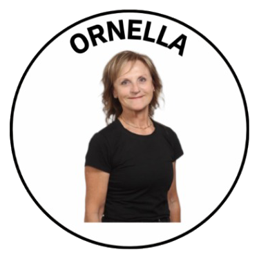 A woman with short, light brown hair wearing a black shirt, standing against a white background with a circular border. The word "ORNELLA" is written above her in bold black letters.