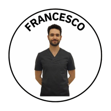 A man with dark hair and a beard, wearing black medical scrubs, standing with his hands behind his back, in front of a white background with the name 'FRANCESCO' in bold black letters around him.