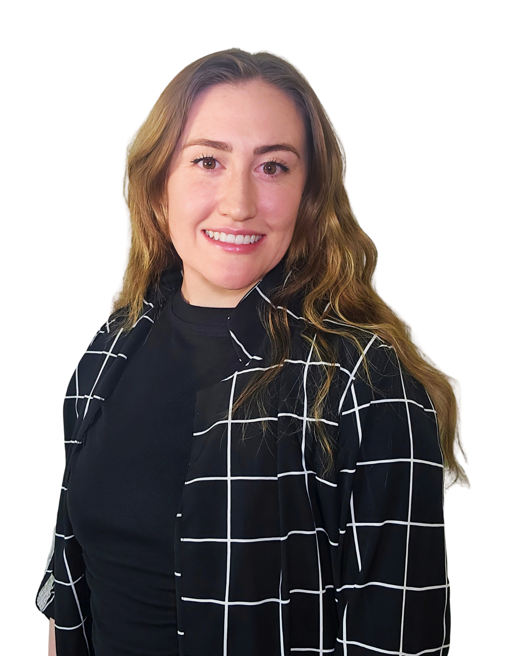 Portrait of a woman with long wavy hair smiling, wearing a black top and a black jacket with a white grid pattern against a black background.