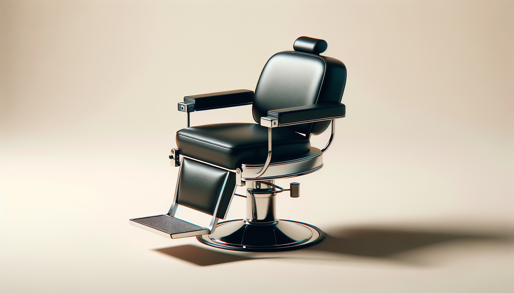 A black vintage barber chair with chrome accents on a neutral background.