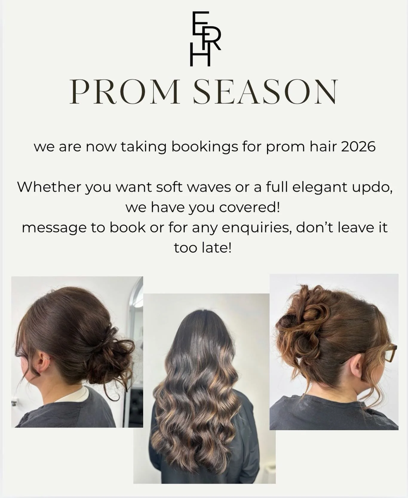 ✨ PROM SEASON 2026 ✨

It&rsquo;s officially booking time&hellip; and the glam is already filling up 💫
From soft, effortless waves to full elegant updos, your dream prom hair starts here 🤍

Spots are limited, so don&rsquo;t wait until the last minut