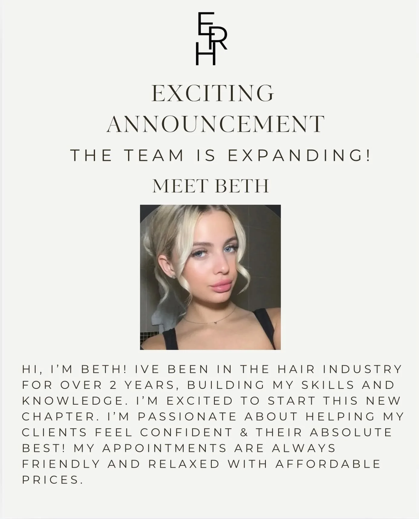 I&rsquo;m excited to welcome Beth, who is joining me at ERH Hair Lounge. She will be starting here on Thursday 11th June! Beth will be working in salon Thursday, Friday, Saturdays. 
Please go and give @bethowens.co a follow! 
You can book in with Bet