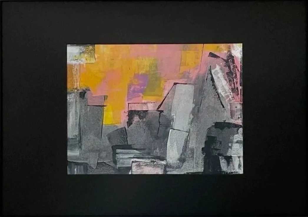 Abstract painting with shades of pink, yellow, gray, and black, featuring geometric shapes and textured brushstrokes.