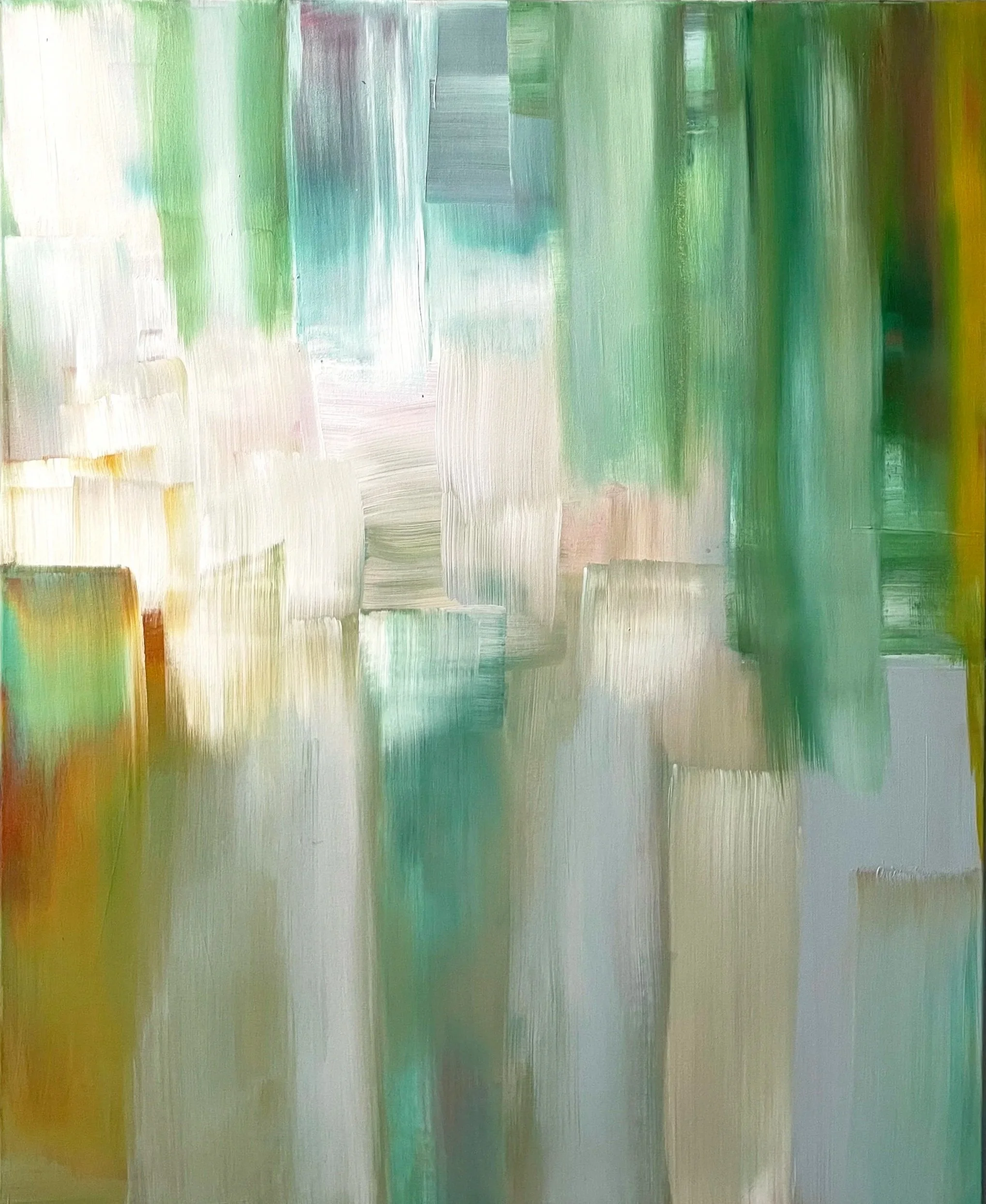 Abstract painting with vertical brushstrokes in shades of green, white, blue, and hints of orange and yellow.