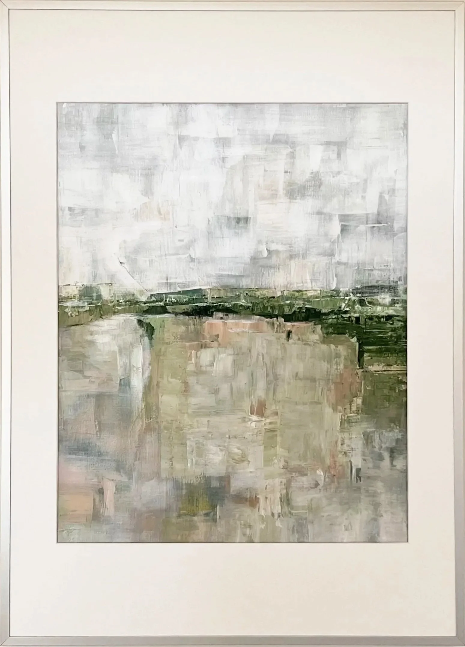 An abstract landscape watercolor painting with a cloudy sky, a green field, and a body of water reflecting the scenery.