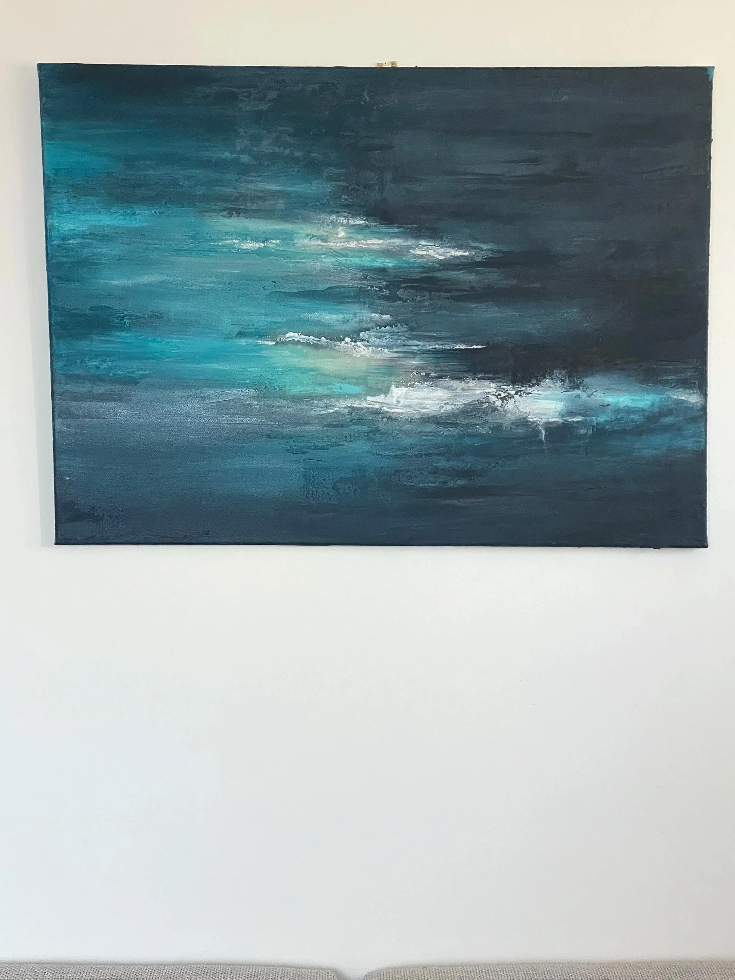 Abstract painting with dark, textured strokes in shades of black, gray, and hints of yellow, created with thick, rough brushstrokes.