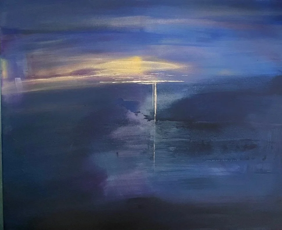 Abstract painting with dark blue and purple tones and a vertical white streak in the center.