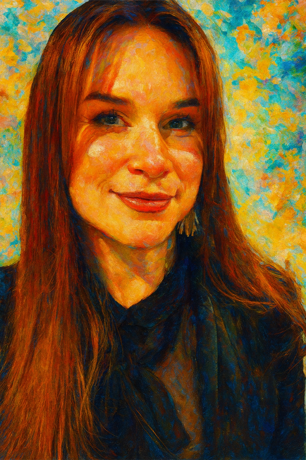 Digital painting of a woman with long red hair, blue eyes, and a slight smile, wearing a black top, with an abstract colorful background.