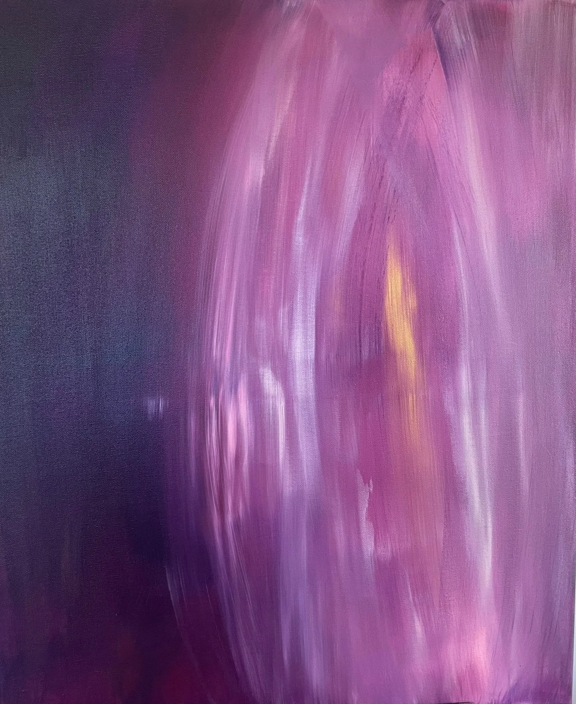 Abstract painting with dominant pink, purple, and hints of yellow colors.