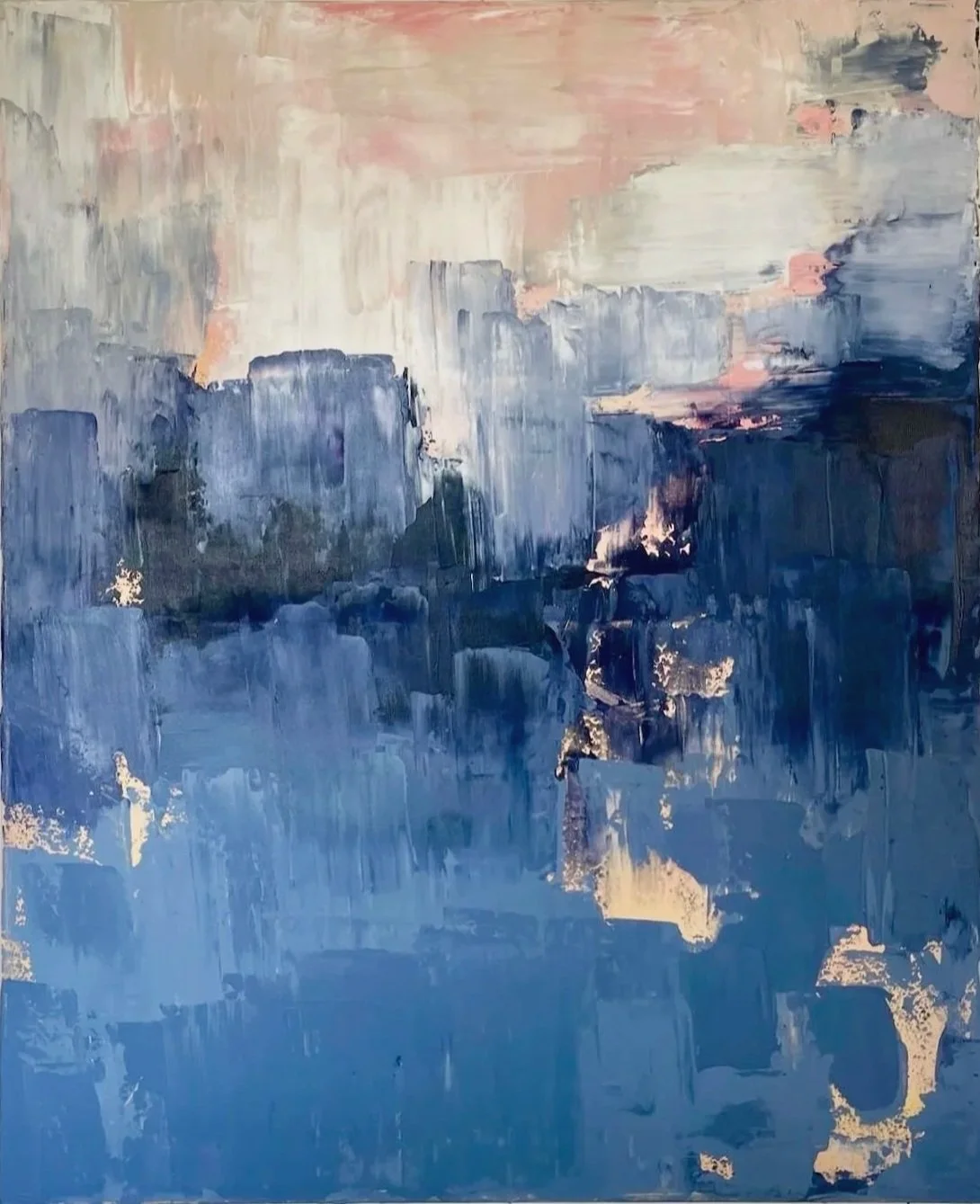 Abstract landscape painting with blue and pink tones, depicting a city skyline with tall buildings and a body of water in front.