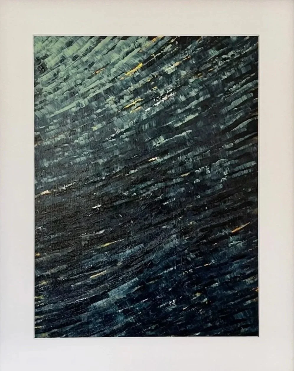 Abstract painting with dark, textured strokes in shades of black, gray, and hints of yellow, created with thick, rough brushstrokes.