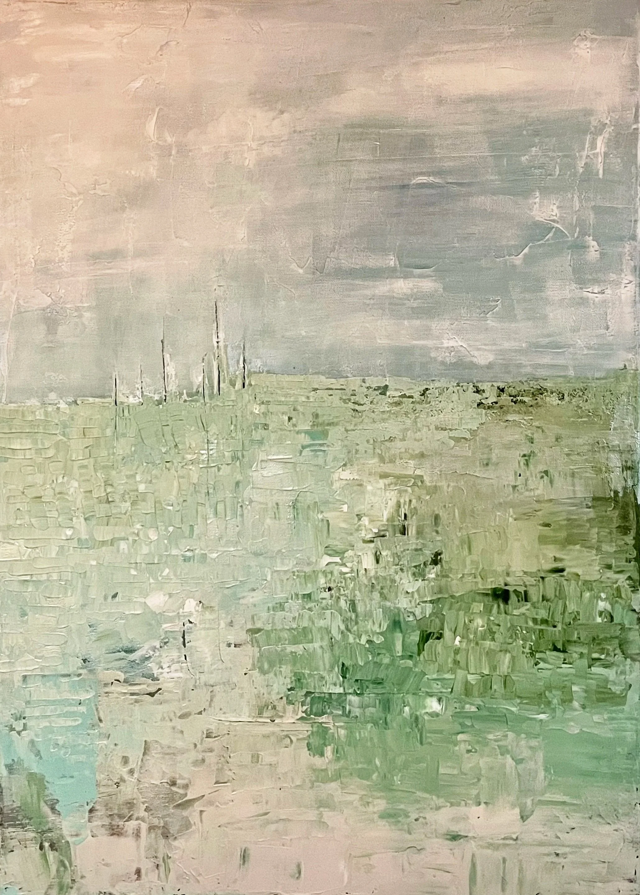 Abstract landscape painting with soft green and gray hues, textured brushstrokes, and hints of a distant cityscape or structures in the background.