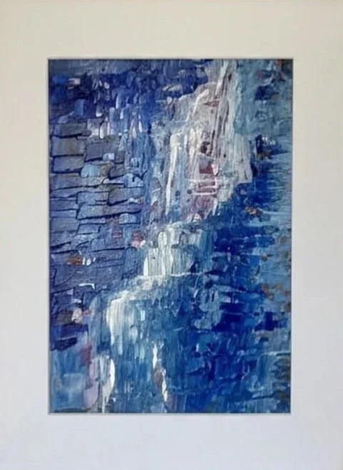 An abstract painting with various shades of blue, white, and hints of brown, resembling a waterfall or flowing water.