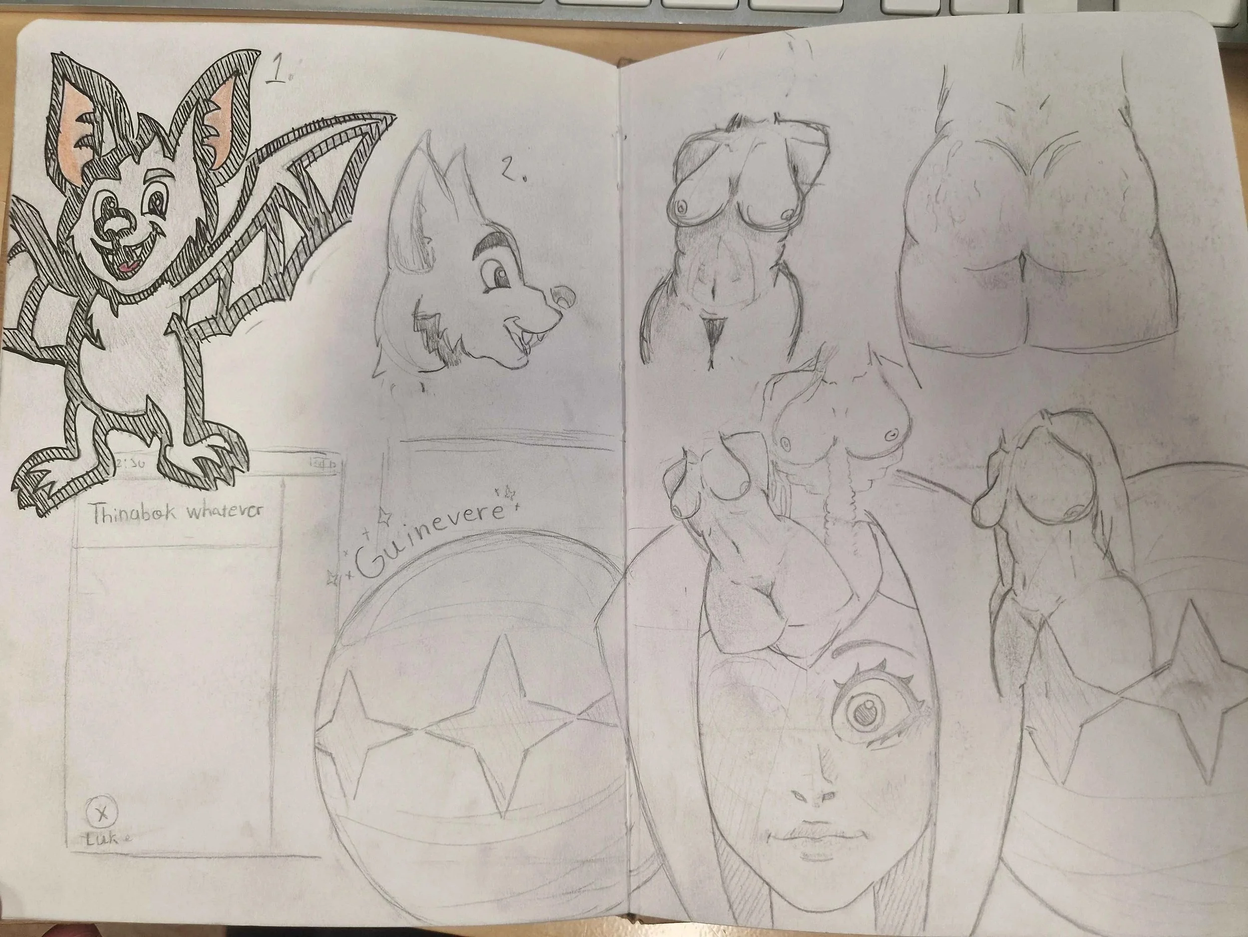 Collection of sketches including a cartoon bat with large ears, a cartoon wolf in profile, various nude figures of a woman from different angles, a cartoon woman with a third eye, and a ball with a star design.