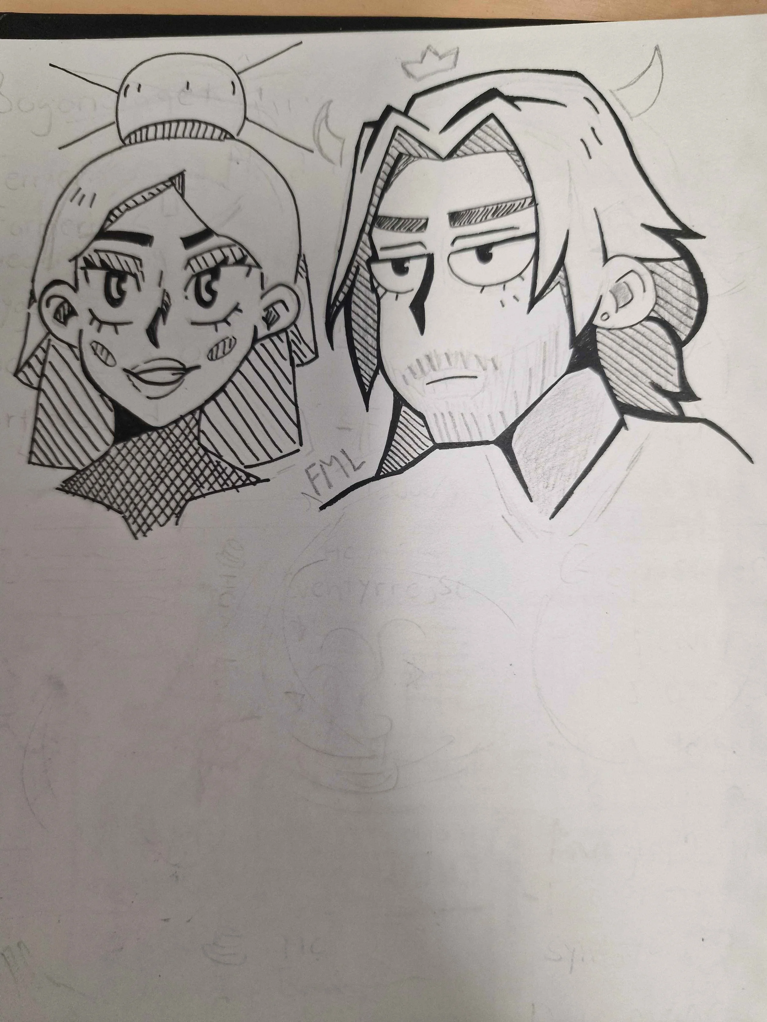 Black and white hand-drawn cartoon of two characters, a woman with long hair, expressive eyes, and a small creature resembling a sun with a smile on their head; a man with long hair, a beard, serious expression, and a crown-like accessory on his head