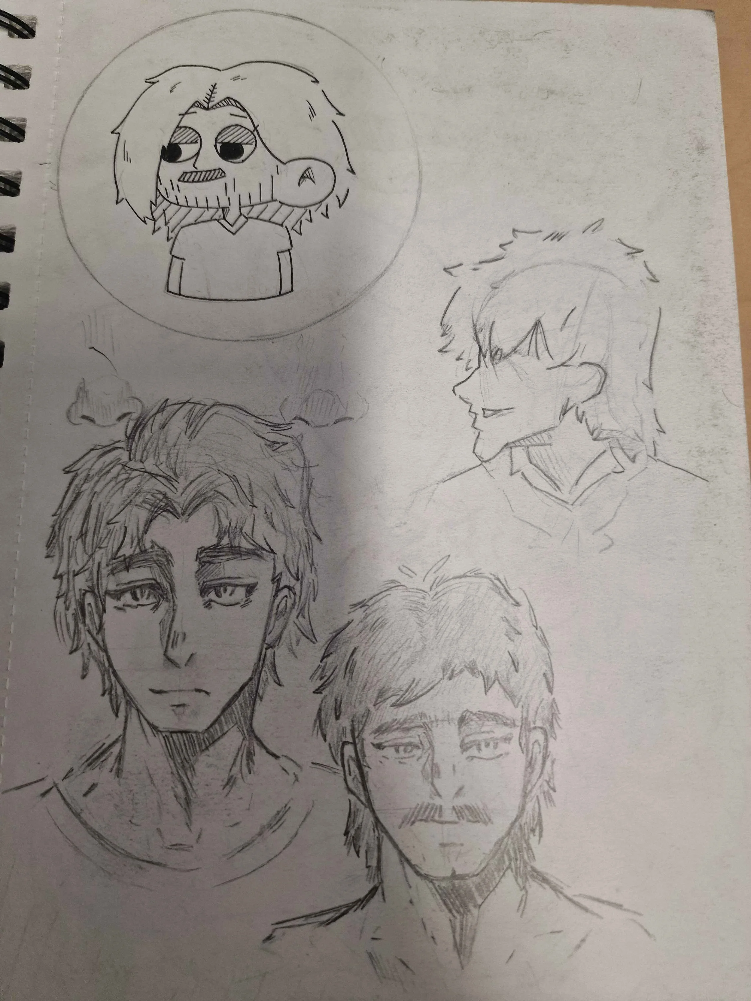 Sketches of various male characters with different hairstyles and facial expressions, including one with a mustache, a side profile of a smiling man, and a drawing of a cartoon person with messy hair within a circle.