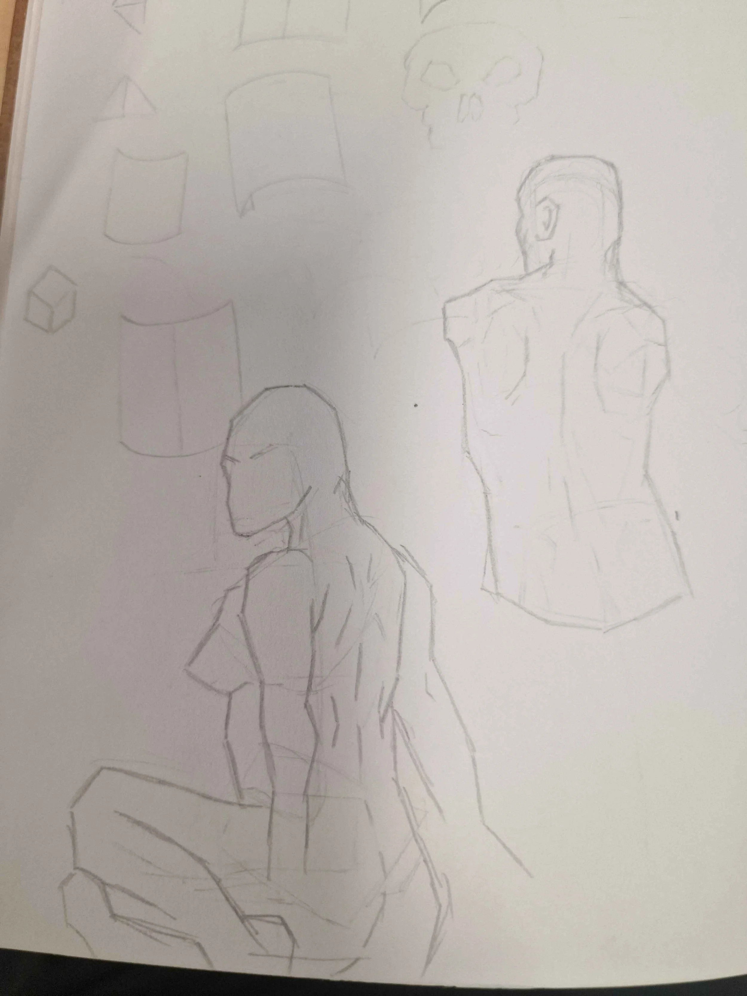 Sketches of two human figures, one sitting and one standing, along with rough outlines of geometric shapes and a skull in the background.