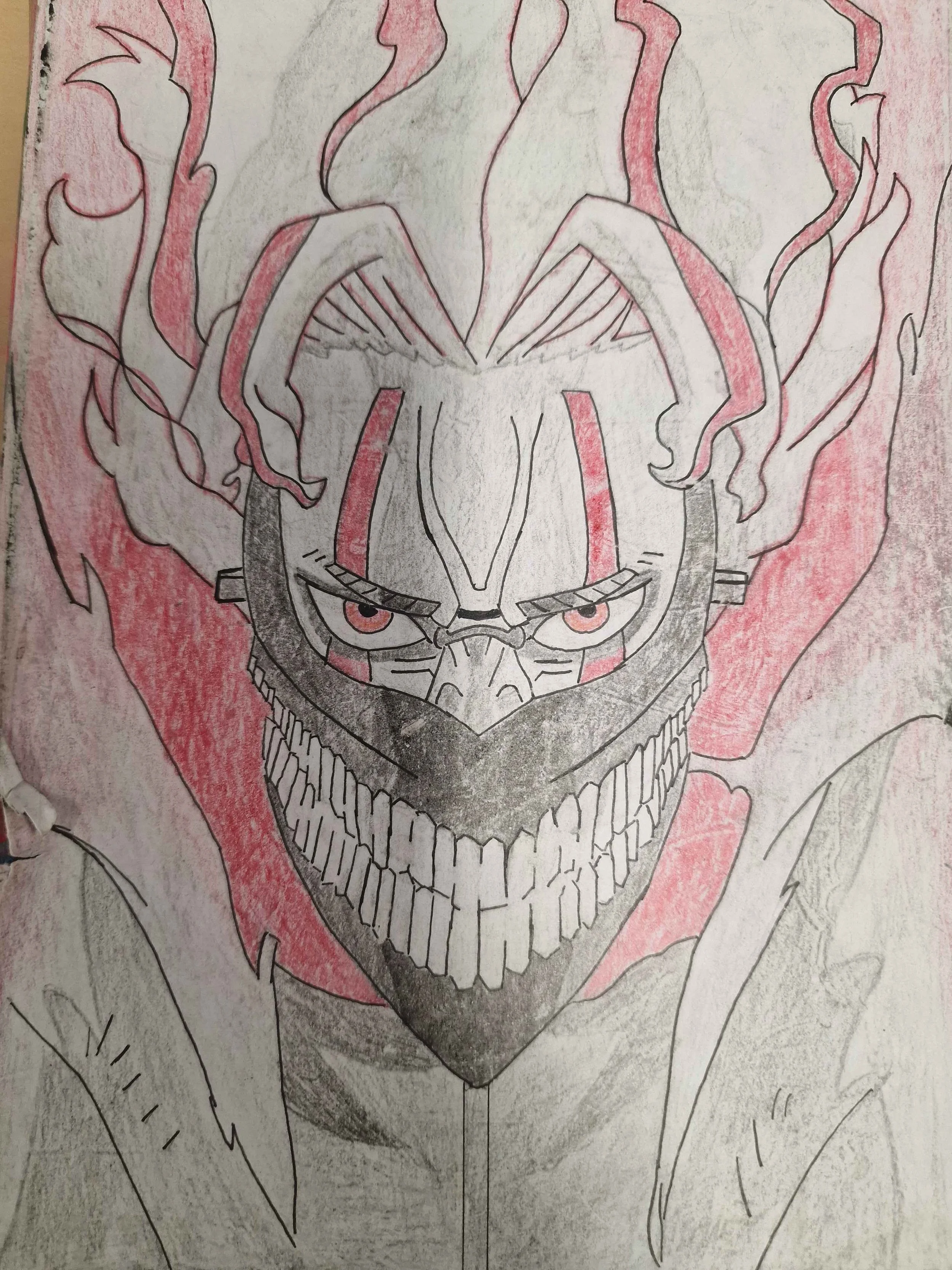 A colored pencil drawing of a fierce character with a wide, toothy grin, intense eyes, and flames or energy emanating from its head, with red and black accents.