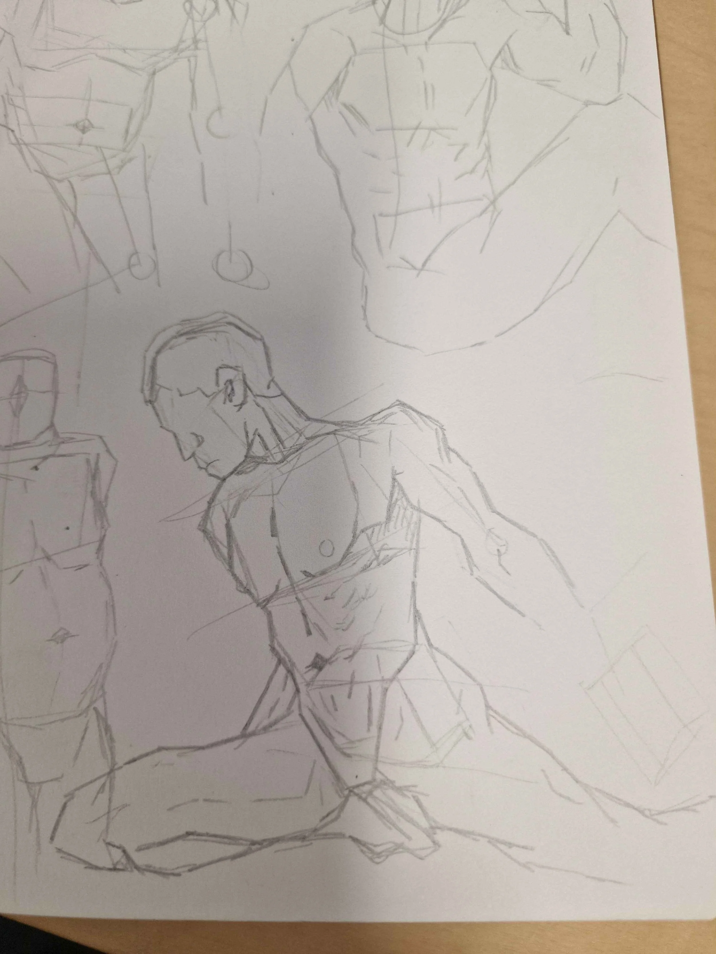 Sketch of a muscular man with glasses, shirtless, sitting on the ground with one arm resting on his knee, in front of a shelf with a mug, and additional rough sketches of muscular figures in the background.
