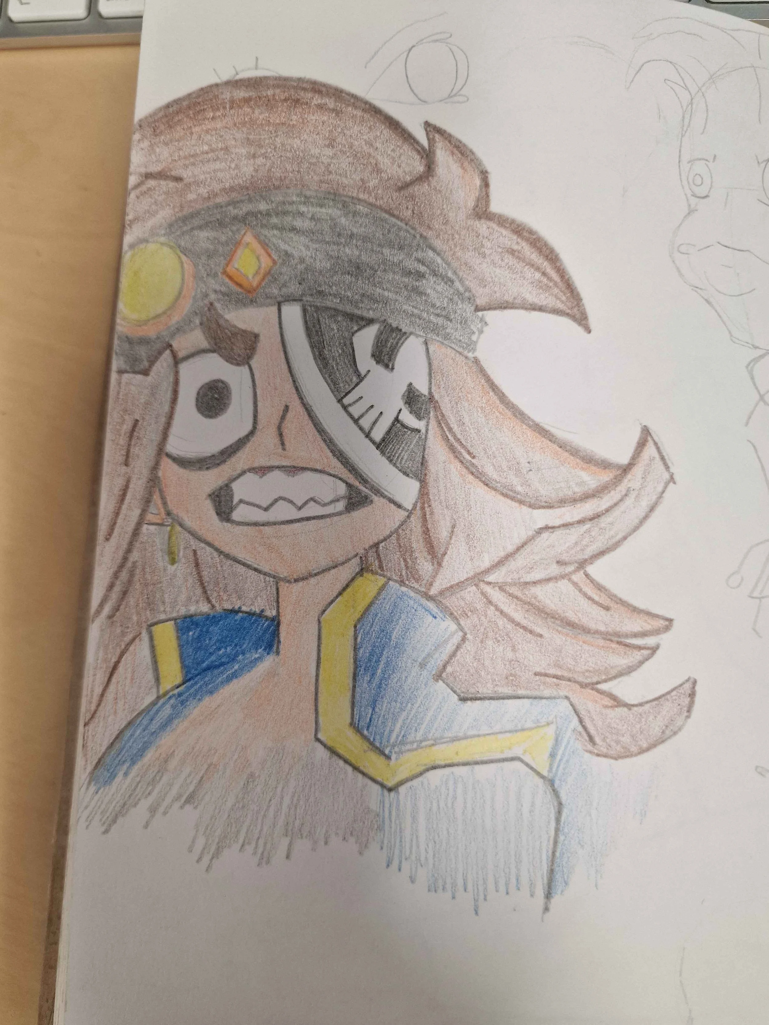 Colored pencil drawing of a female character with long flowing hair, wearing a blue and yellow outfit, with her face partially covered by a large mechanical eye or mask.