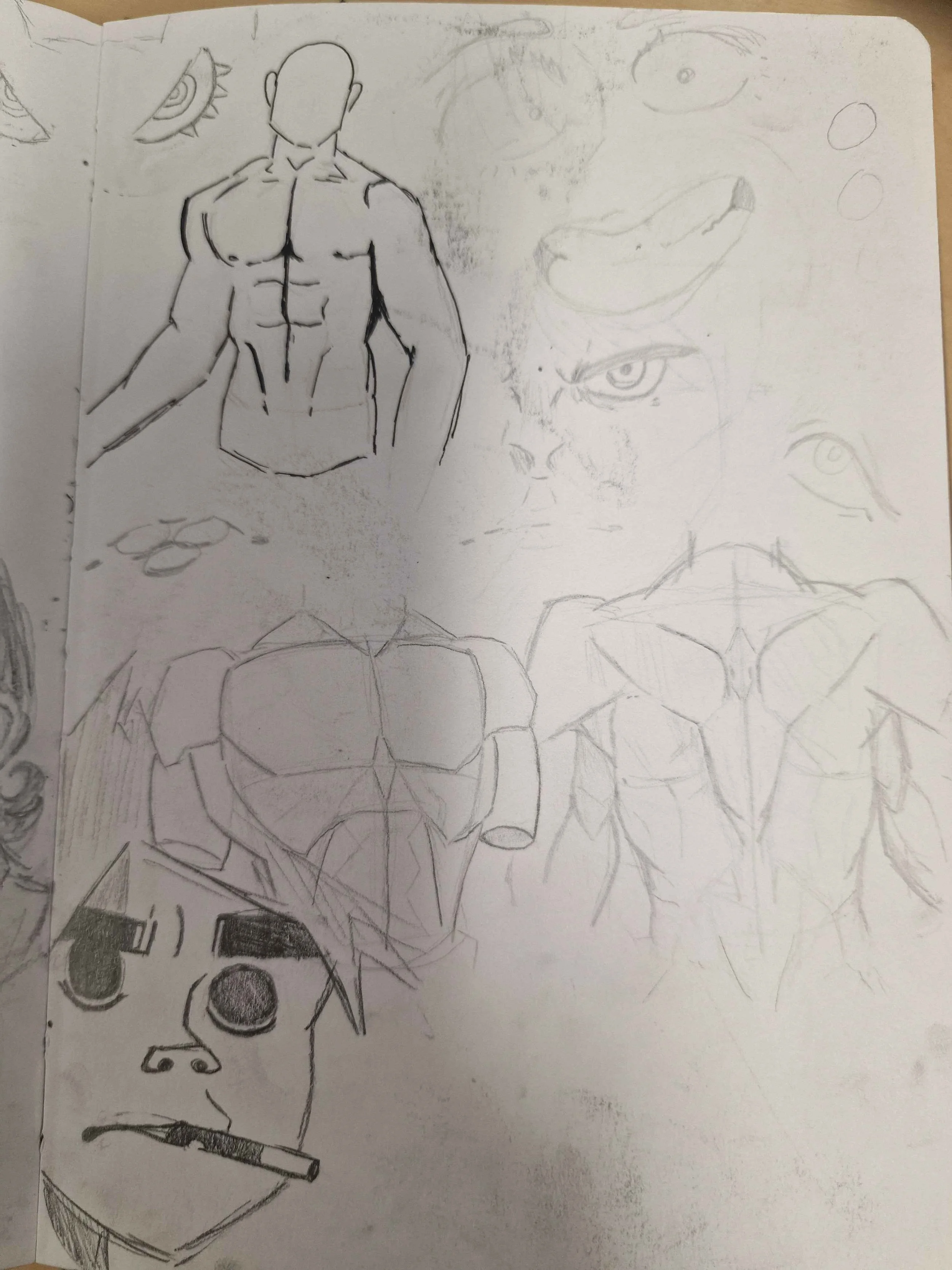 Collection of various hand-drawn sketches including muscular male torsos, faces, and abstract or stylized figures.