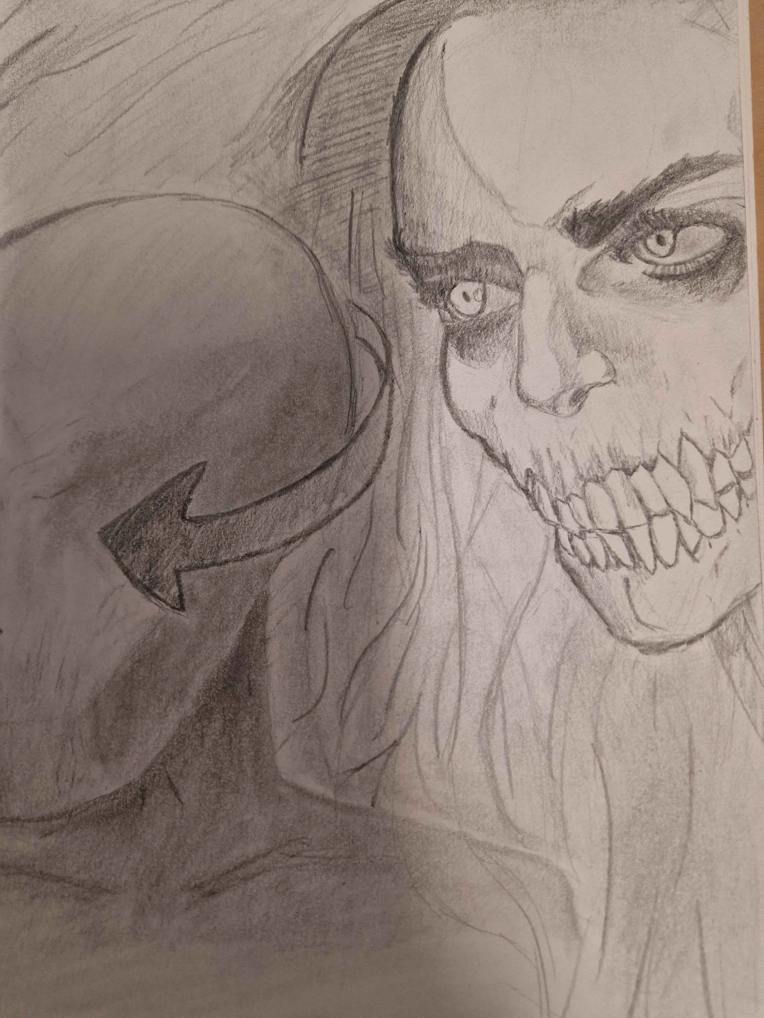 A pencil sketch of a woman with menacing eyes and a skeletal face, with long hair, revealing sharp teeth and a skull-like appearance.