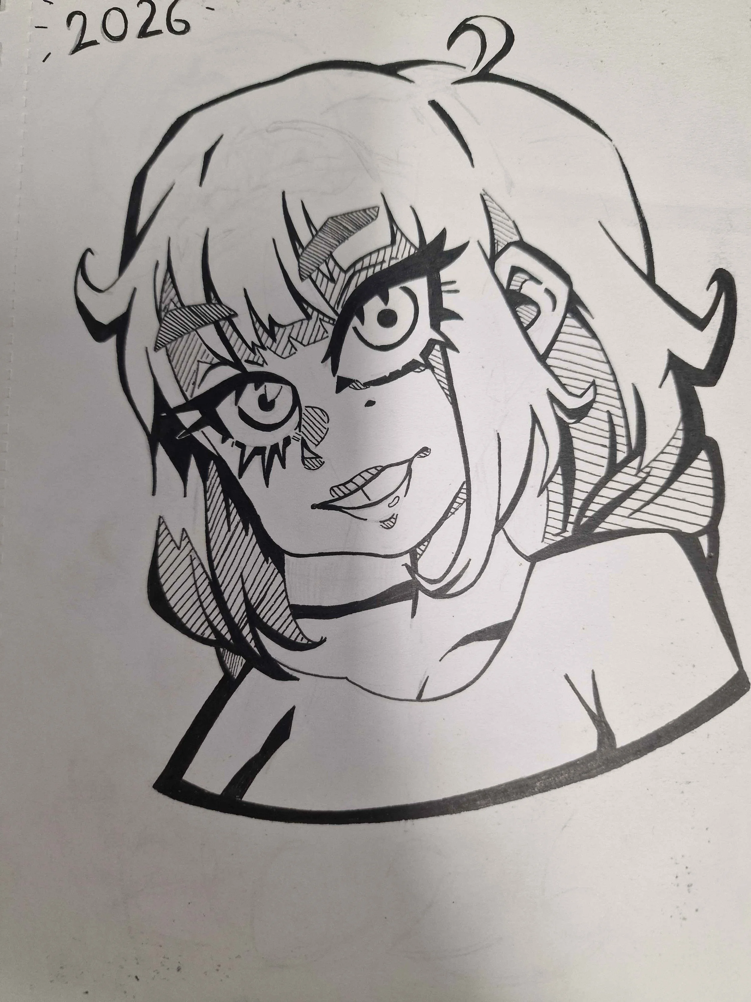 Black manga-style drawing of a smiling girl with wild hair and large detailed eyes, wearing a choker, with the year '2026' written above her head.