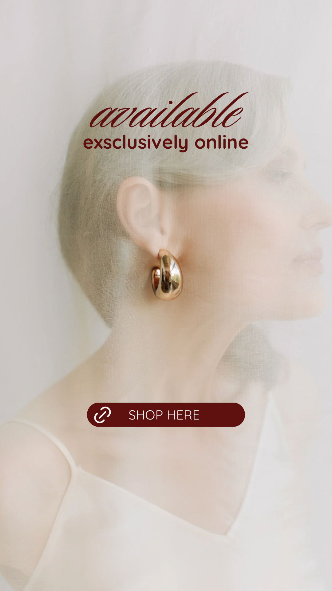 Image of a mannequin head wearing a single gold earring with text overlay that says 'available exclusively online' and a button labeled 'SHOP HERE'.