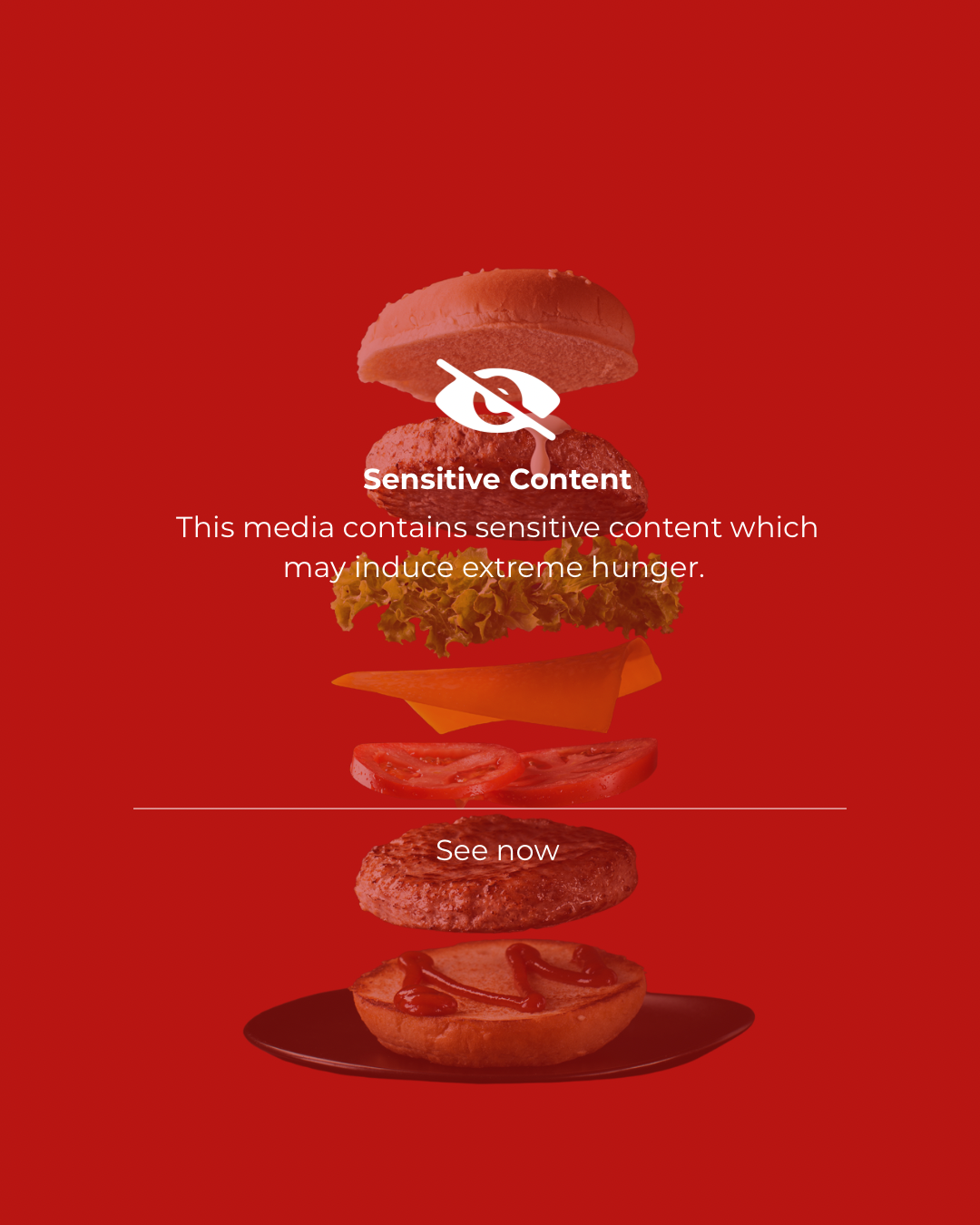 An image of a cheeseburger with all ingredients separated and stacked vertically against a red background. The ingredients include the top bun, tomato slice, ketchup, two slices of cheddar cheese, hamburger patty, lettuce, tomato slices, and the bott
