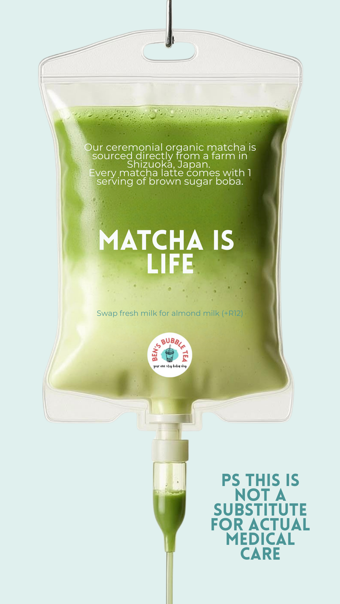 A bag of matcha tea with text promoting organic matcha from Japan, served with brown sugar boba, and a link to swap milk for almond milk, with a warning that it is not a medical substitute.