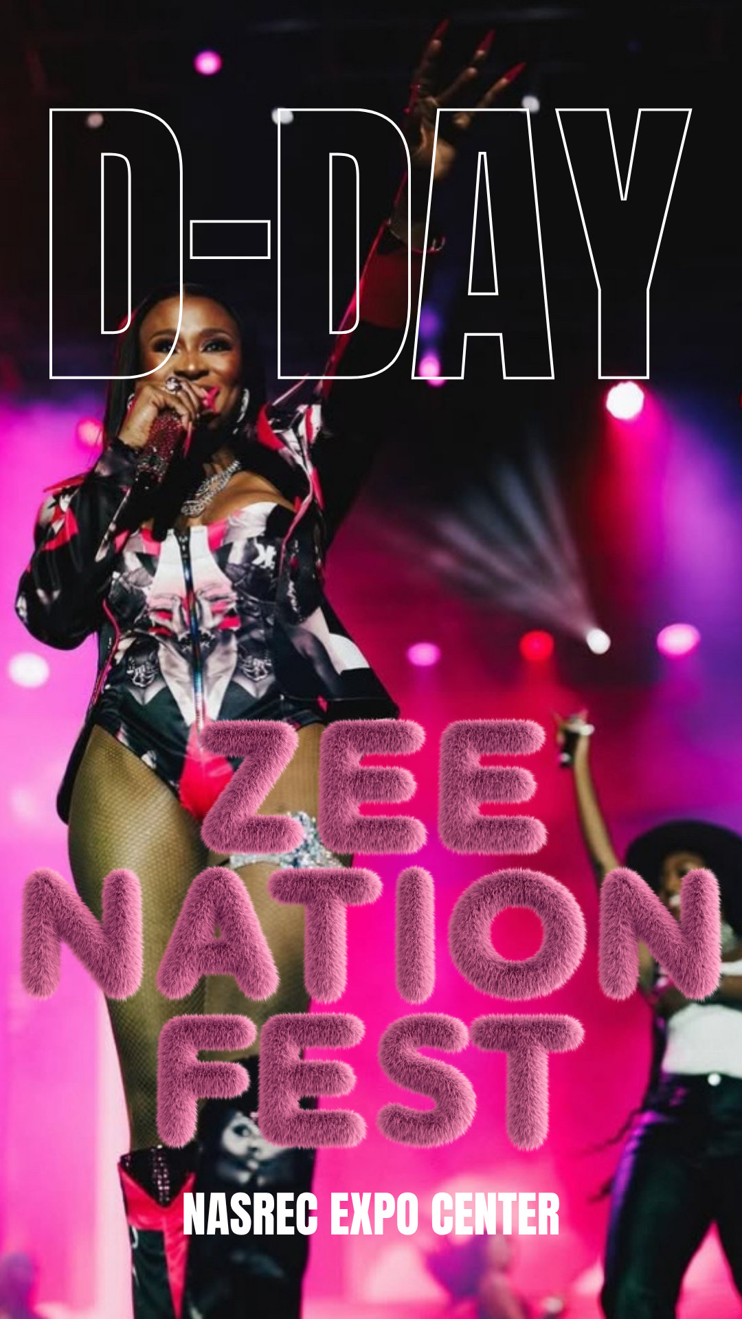 A performer on stage at the ZEE NATION FEST, wearing colorful and sequined attire, holding a microphone, with vibrant pink and purple lighting in the background, and the event details overlaid with large text.