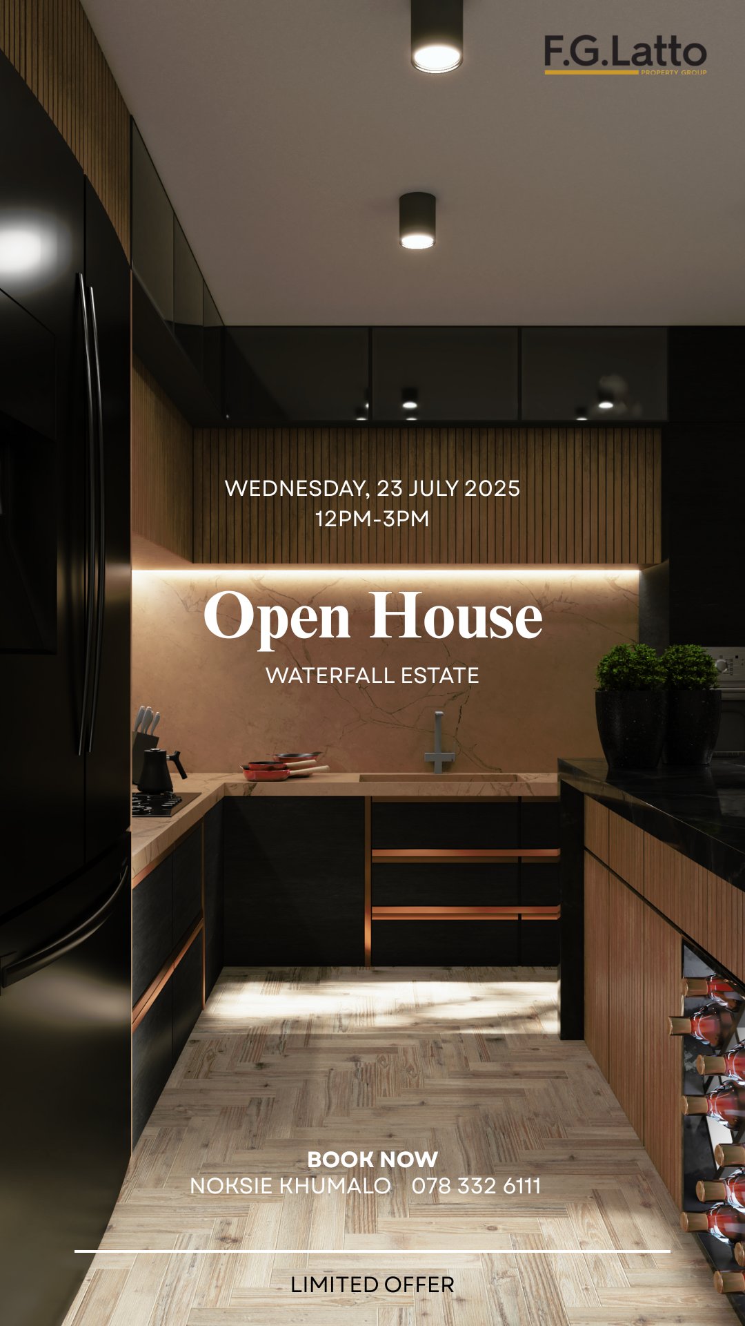 Kitchen interior with modern design featuring black and wood cabinetry, marble backsplash, and a wine rack, promoting an open house event for Waterfall Estate on July 23, 2025.