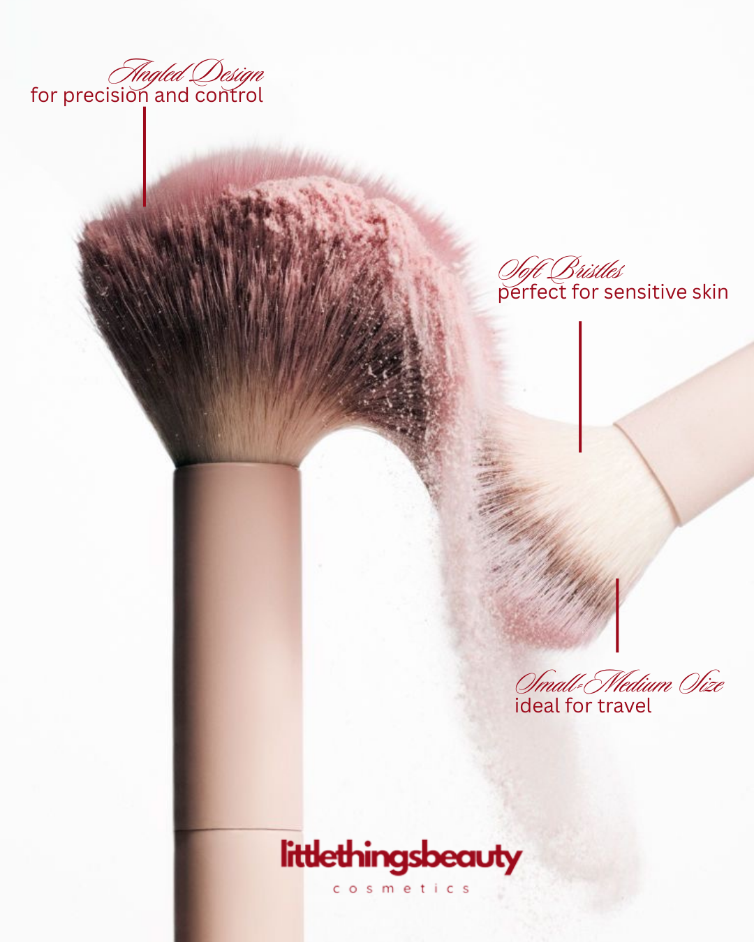 A makeup brush with labeled features, including angled design for precision and control, soft bristles perfect for sensitive skin, and small-medium size ideal for travel, with the Litt Things Beauty cosmetics logo at the bottom.