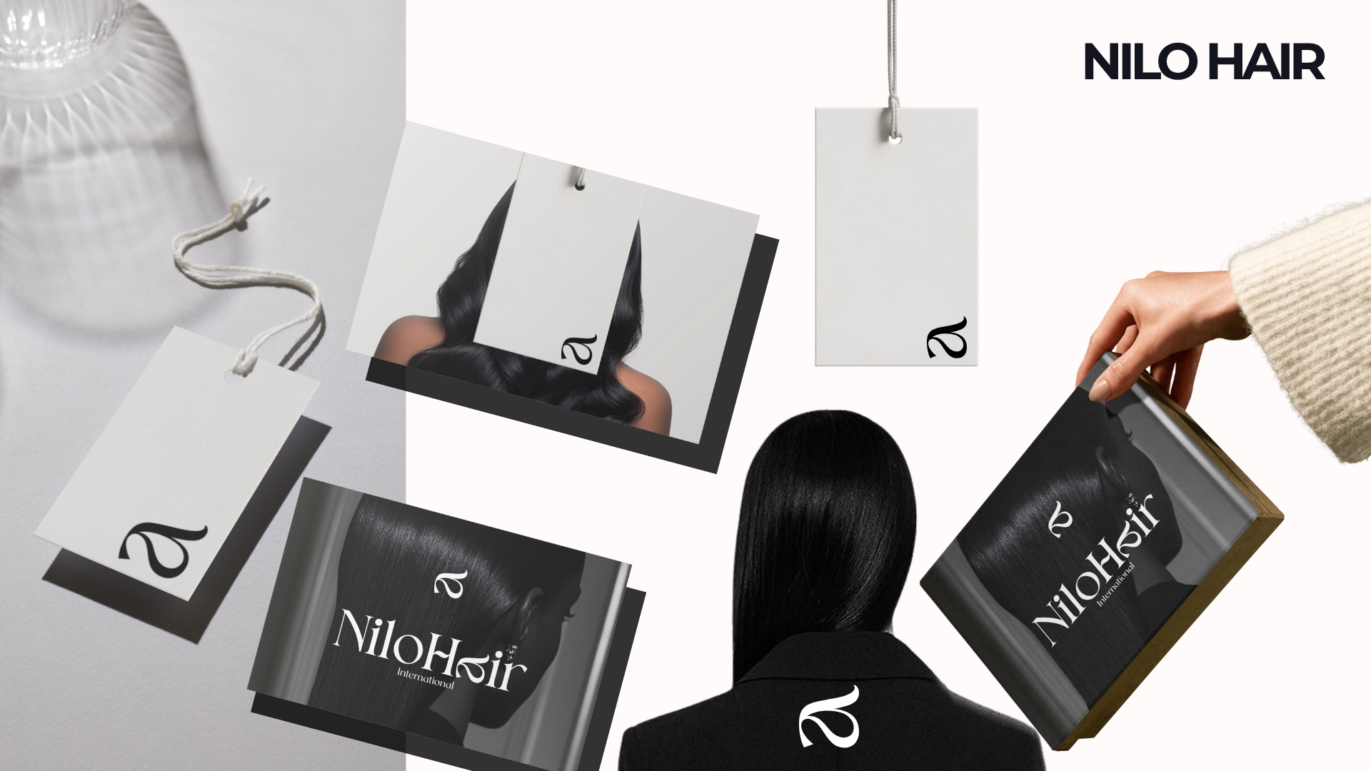 Brand identity design (logo, typography, colour palettes), and brand collateral and packaging design for a premium wig brand called ‘Nilo Hair’