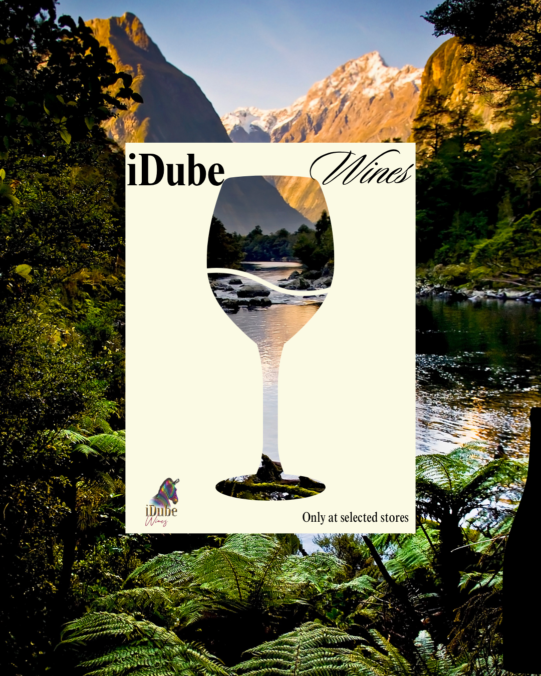 Advertisement for iDube Wines showing a wine glass with a scenic mountain and river landscape inside it, set against a lush green forest background.