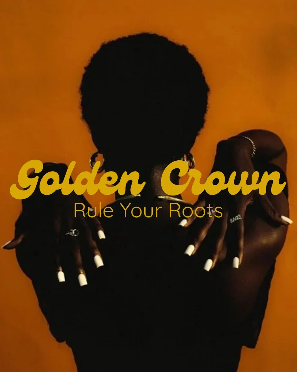 A silhouette of a person with short hair, wearing earrings, with hands talk behind their head, against an orange background. The text reads 'Golden Crown' in yellow script and 'Rule Your Roots' in smaller yellow font.