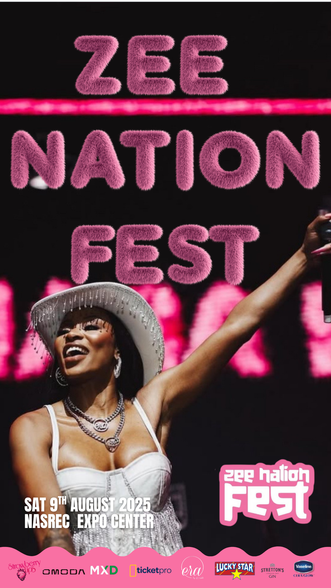 Poster for Zee Nation Fest featuring a woman in a white dress and cowboy hat, holding a phone, with event details and sponsor logos.