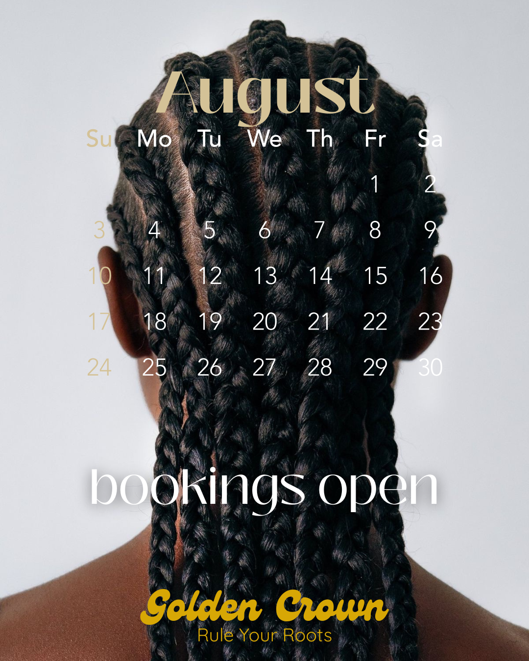 August calendar overlay on a photo of the back of a person's head with styled dreadlocks.