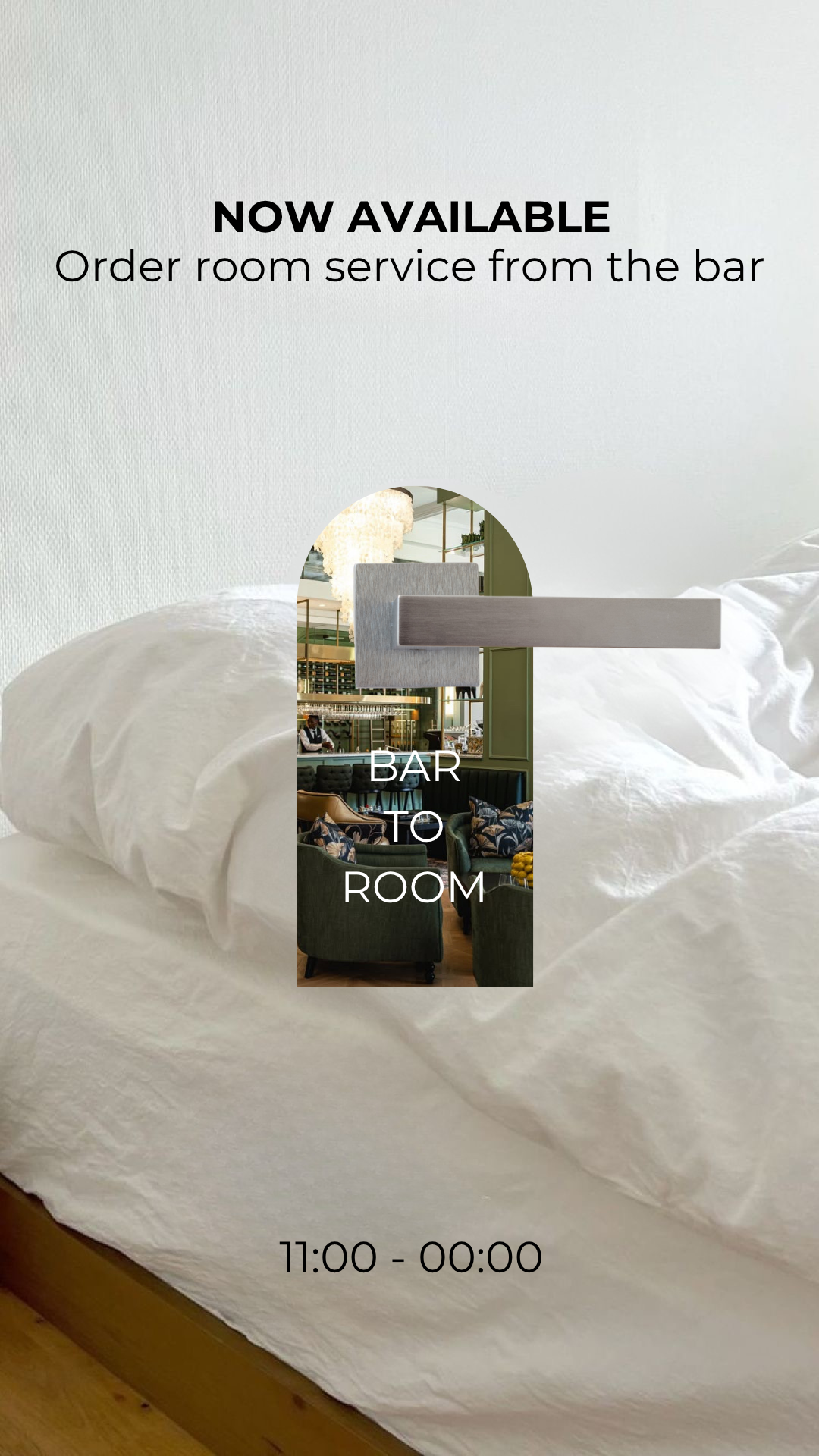A promotional sign with the text 'Now Available: Order room service from the bar' and a graphic of a hotel room key with a photograph of a bar inside a hotel.